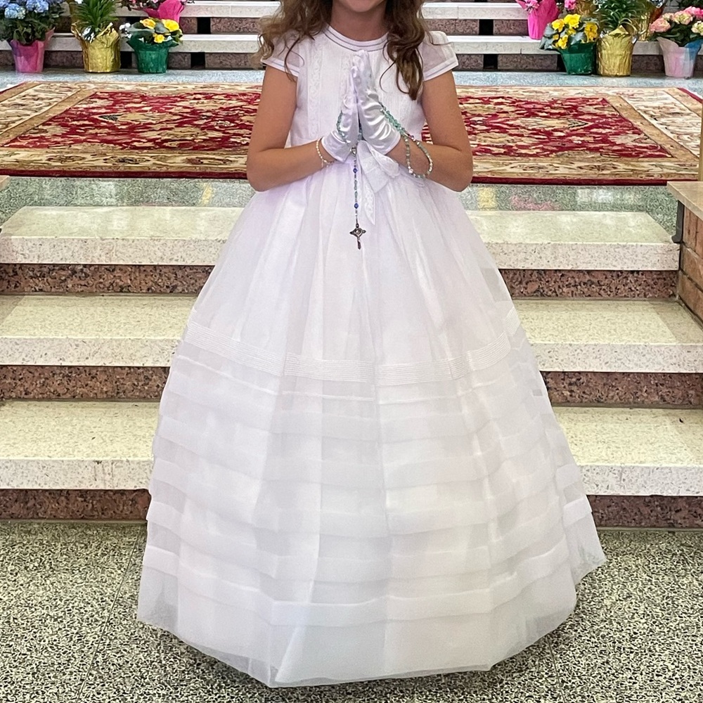 White First Communion Dress with Gloves